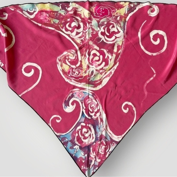 Vtg Kathy Robinson Silk Scarf Tie Dye Swirls Pink Black Trim & Tassels Triangle - Picture 15 of 16